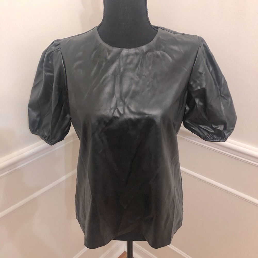 Black Vegan Leather Top Puff Sleeves